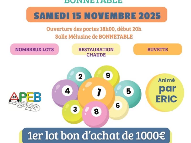 Samedi 15 novembre, à 18h00, grand loto organisé par l'APEB dans la salle Mélusine