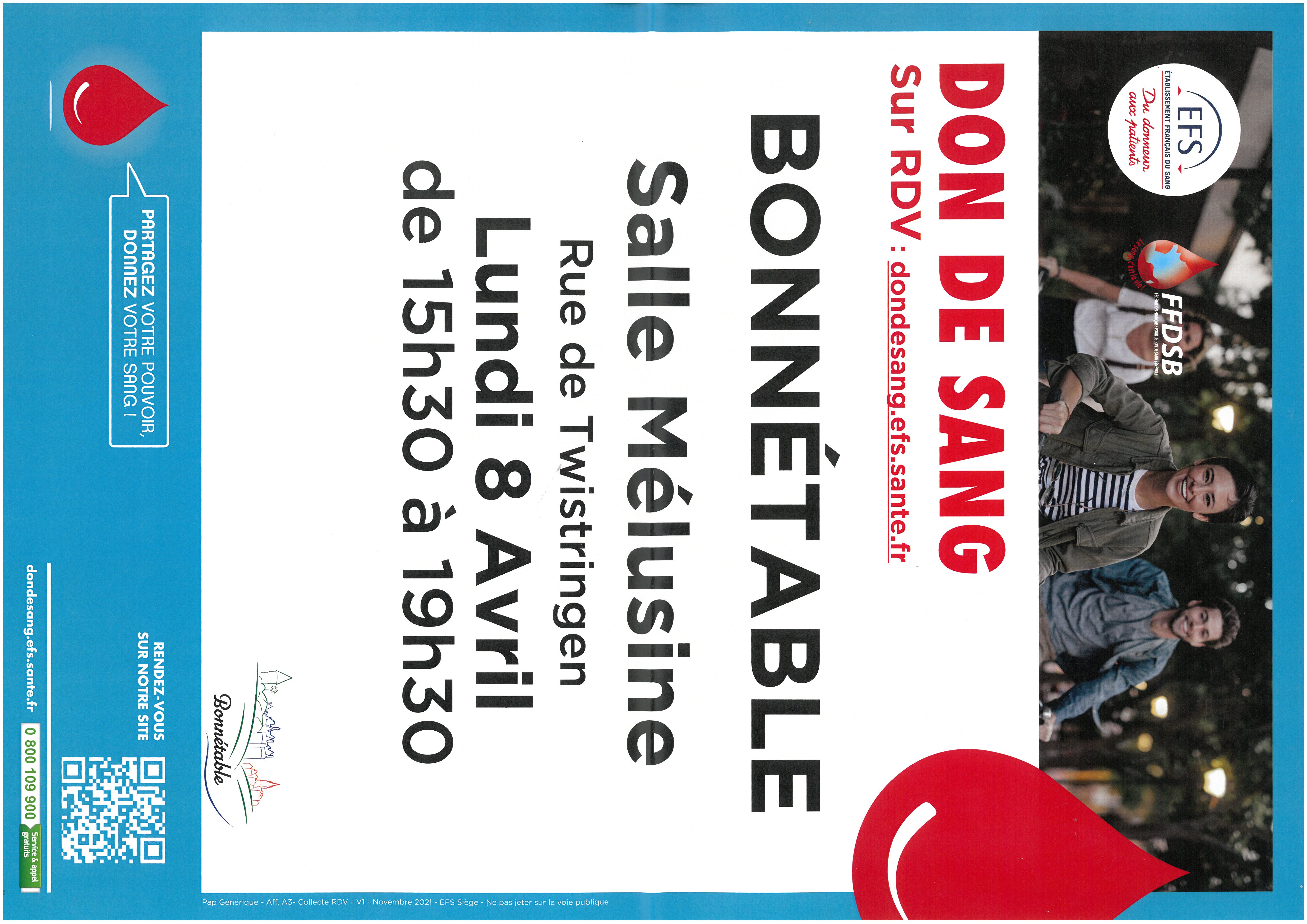 Don de sang le lundi 8 avril, dans la salle Mélusine !