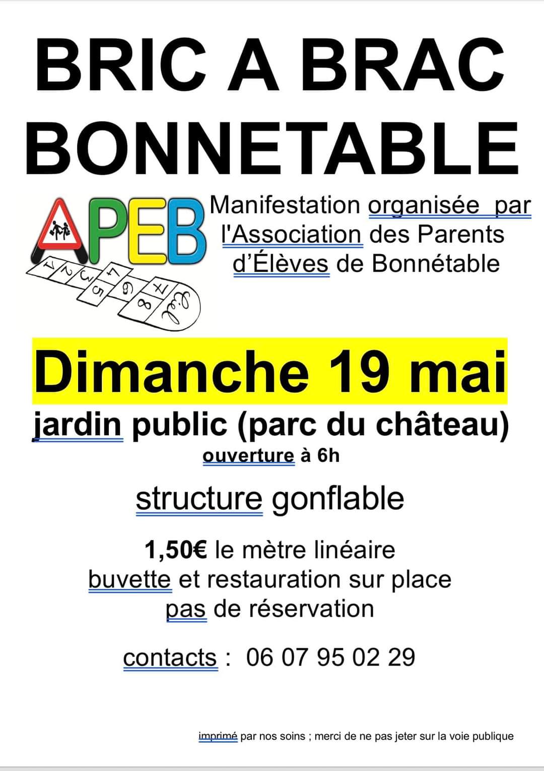 Dimanche 19 mai : bric à brac de l'APEB dans le jardin public