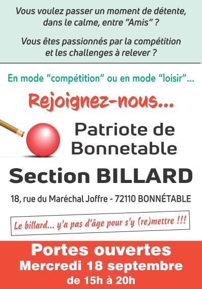 Après-midi "portes ouvertes" de la Patriote Billard mercredi 18 septembre à partir de 15h00