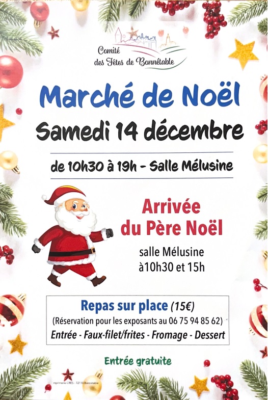 Samedi 14 décembre, marché de Noël organisé par le Comité des fêtes de Bonnétable, salle Mélusine
