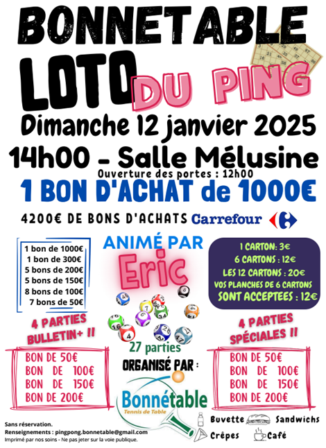 Loto du Ping le dimanche 12 janvier, à 14h00 dans la salle Mélusine : nombreux lots et bons d'achat