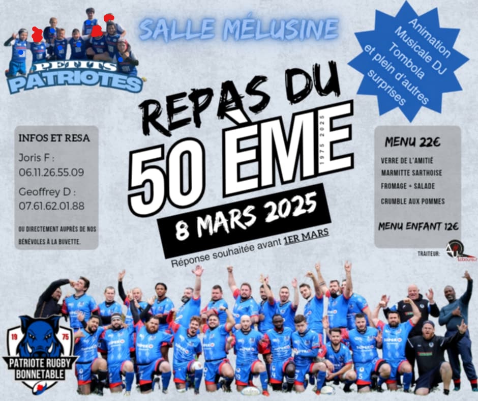 Samedi 8 mars : repas des 50 ans de la Patriote Rugby, dans la salle Mélusine de Bonnétable