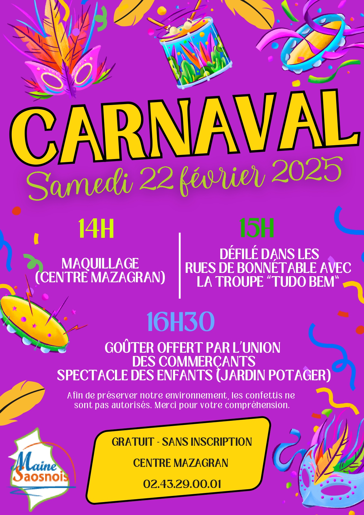 Carnaval au Centre Mazagran de Bonnétable, gratuit sans inscription, le samedi 22 février de 14 à 17h00