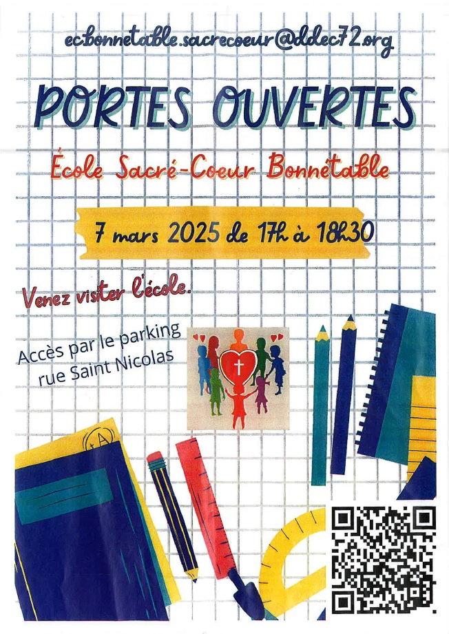 L'école du Sacré-Coeur de Bonnétable vous ouvre ses portes le vendredi 7 mars, de 17h00 à 18h30