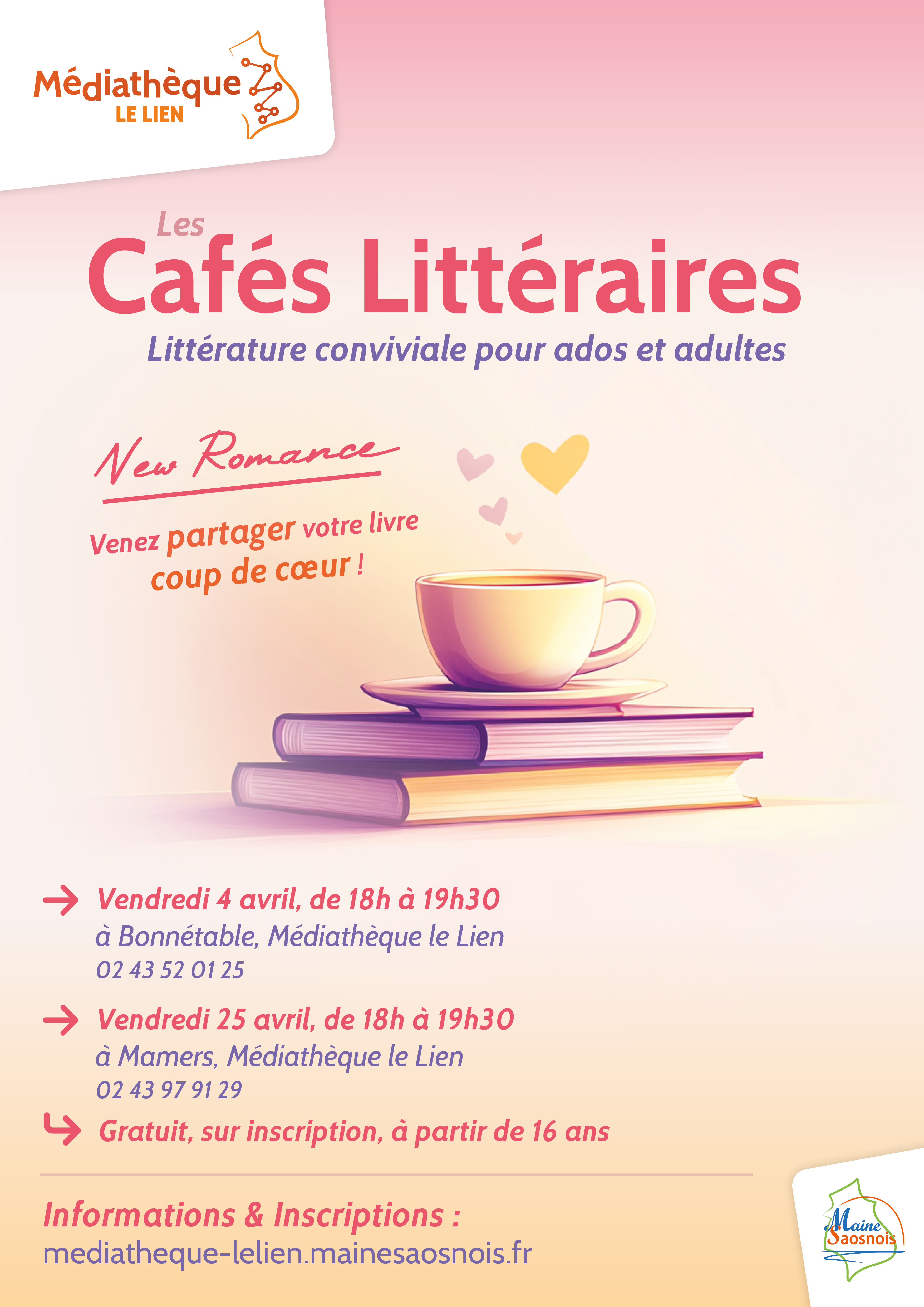 Vendredi 4 avril, 18h00 : café littéraire pour ados et adultes à la médiathèque de Bonnétable