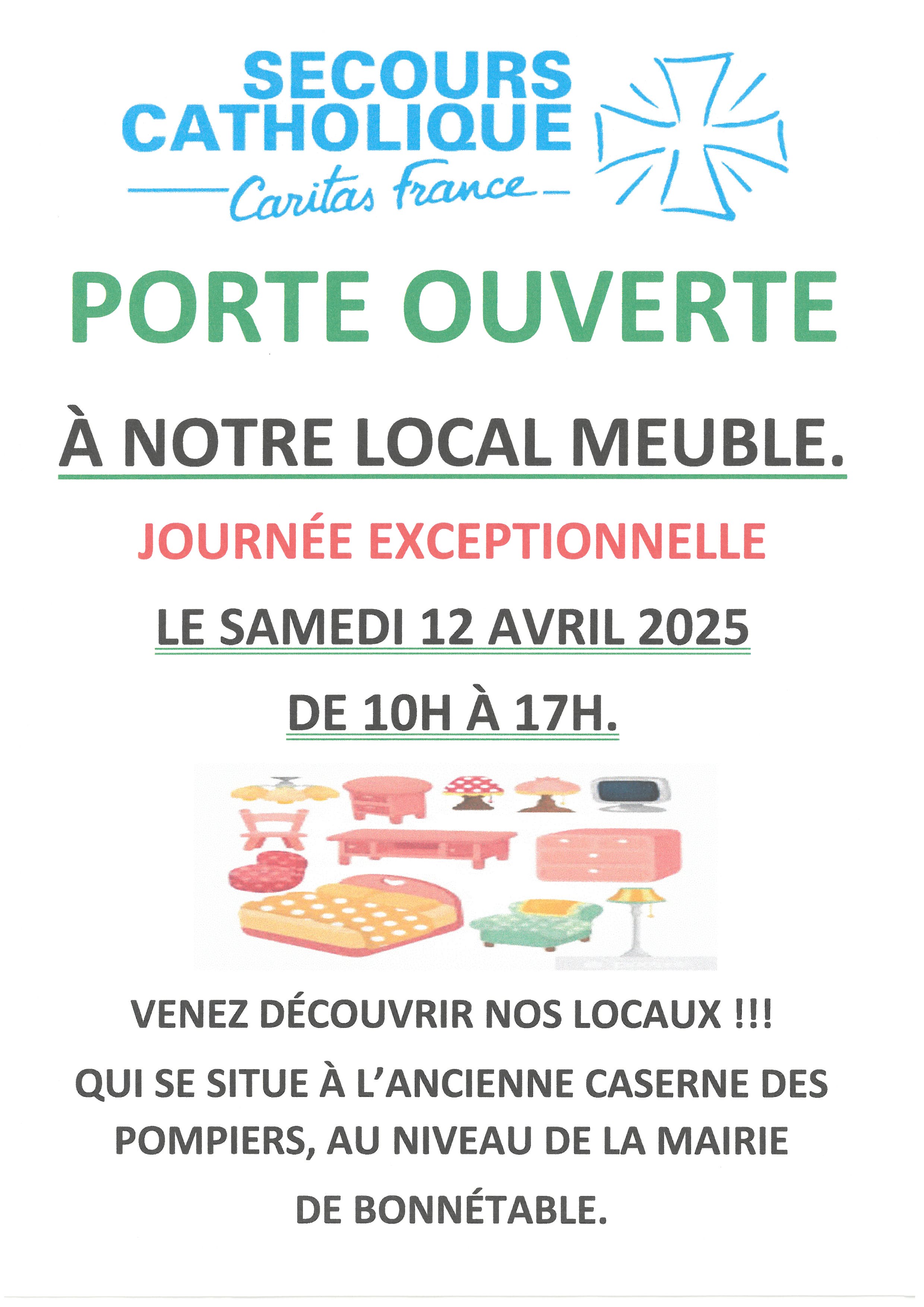Secours catholique : portes ouvertes le samedi 12 avril, de 10h00 à 17h00 à son local "meubles"