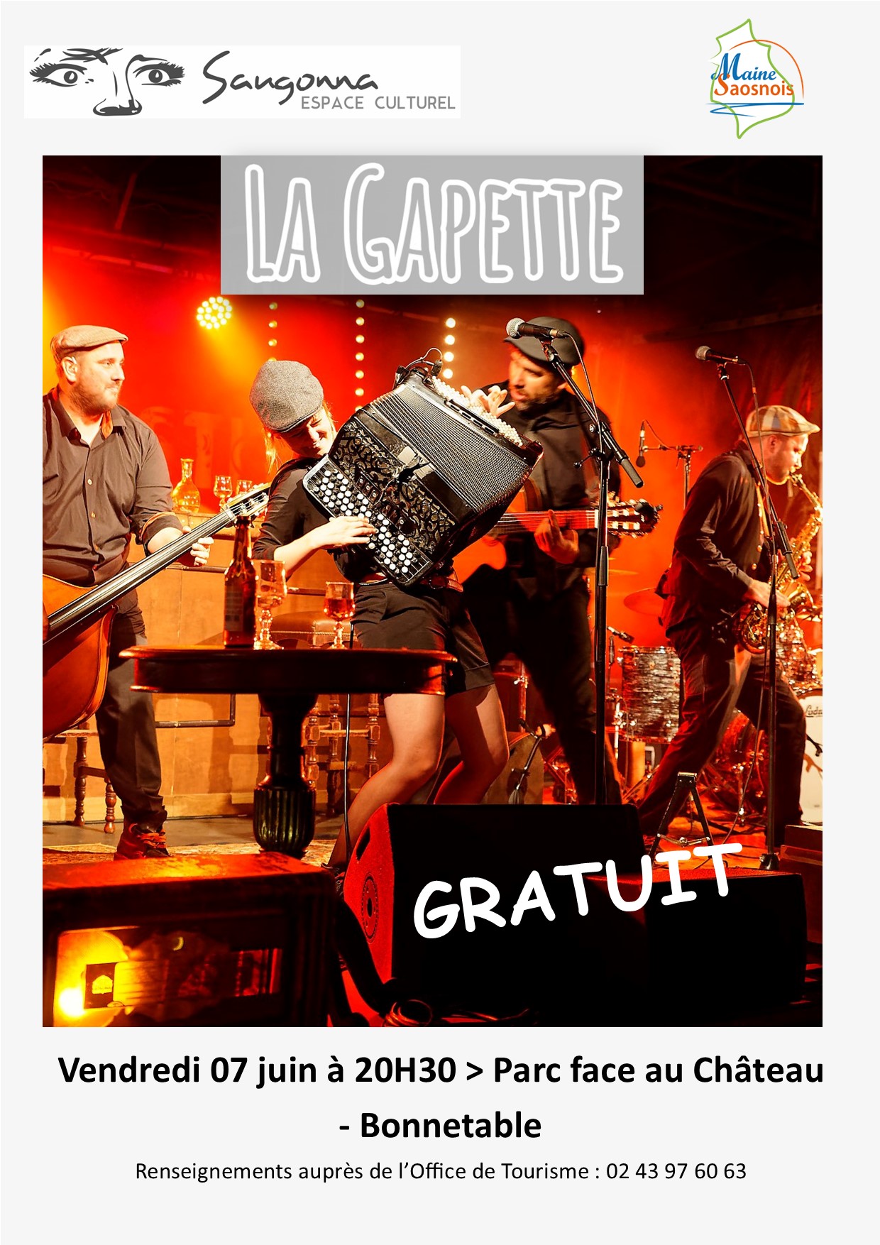 Concert gratuit avec La Gapette le vendredi 7 juin à 20h30 dans le jardin public de Bonnétable